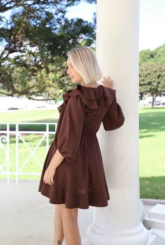 princess polly baby blue dress LAtelier London Chocolate Sequin Ruched Wrap Short Dress in Brown main image 0