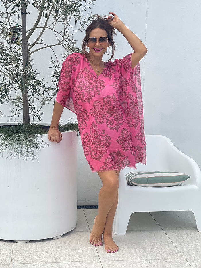 Sierra Kaftan - Cocoa + Hot Pink Fleur