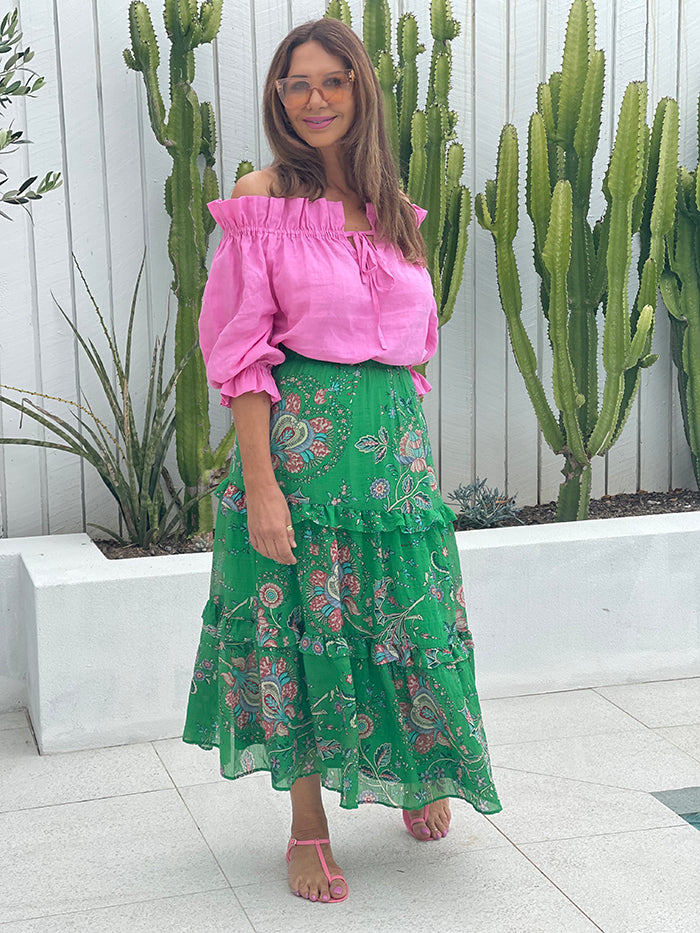 Harlow Long Ruffle Skirt Green Print