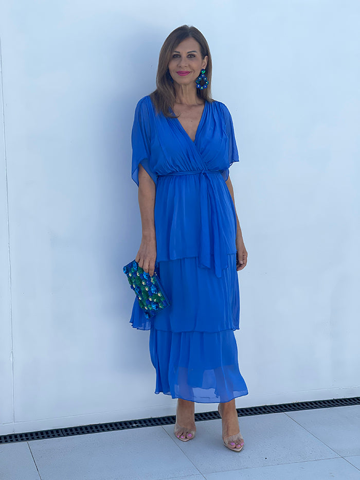 cerulean silk dress Cowl Neck Swing Dress