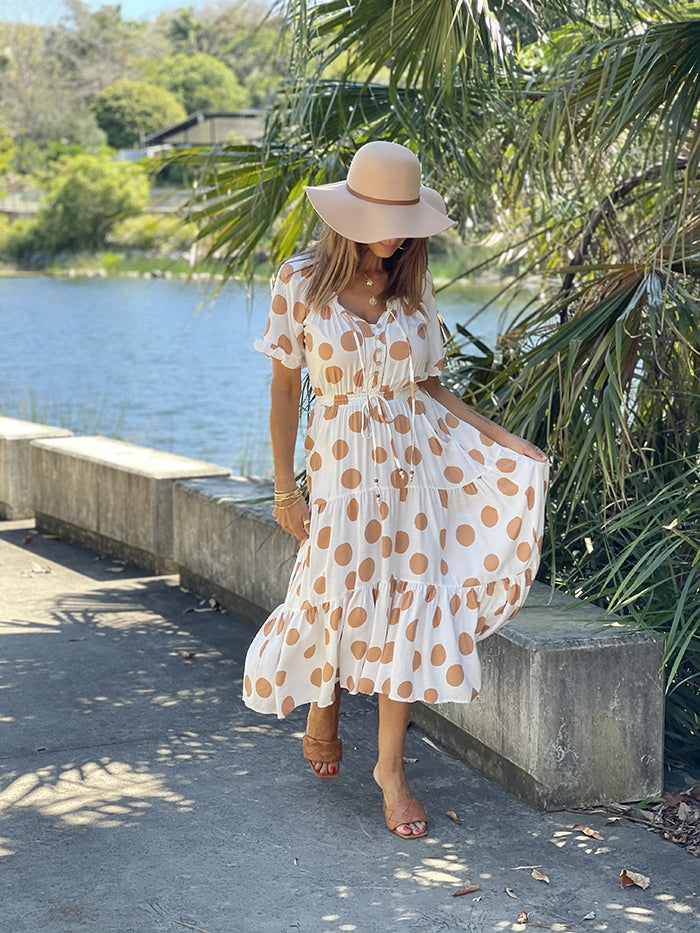 Tami Dress Tan Polka Dot