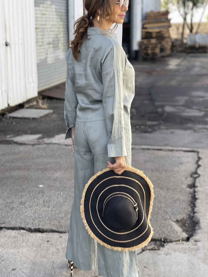 Wide Leg Linen Pants Khaki Grey