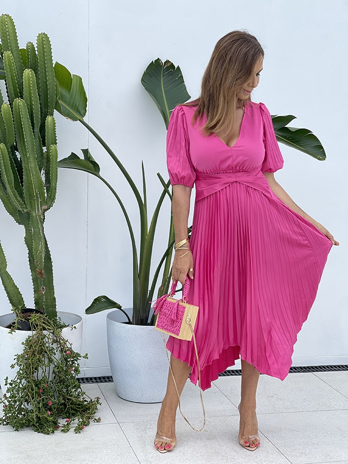 hot pink pleated dress Chiffon A-line Tiered Maxi Ohmollydress Stand out and feel confident in this stunning pleated dress Forever Stunning Pleated Maxi In