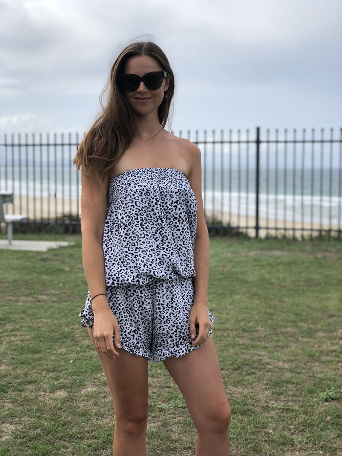 Black and White Leopard Strapless Playsuit