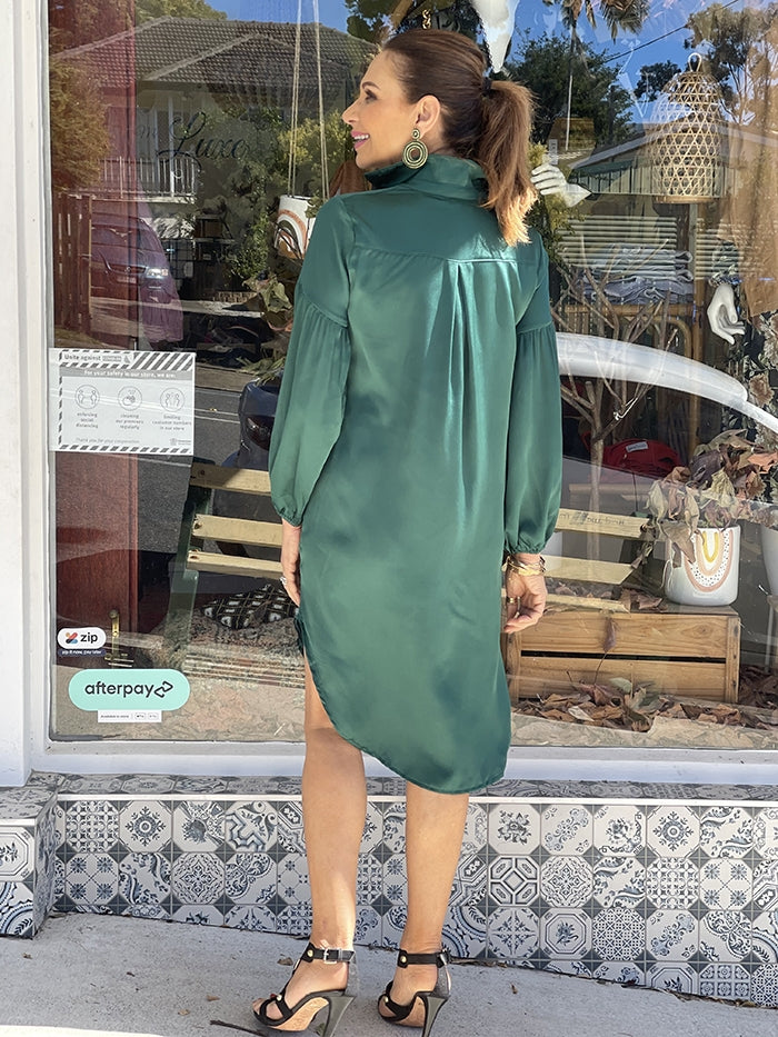 Emerald Silky Shirt Dress