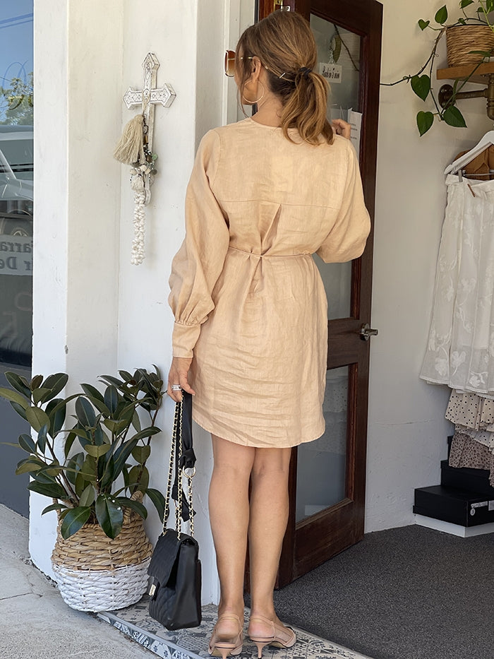 Button Linen Dress - Beige Button Linen Dress - Beige