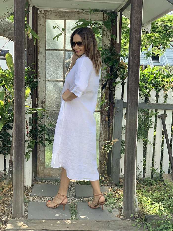 Button through linen online dress