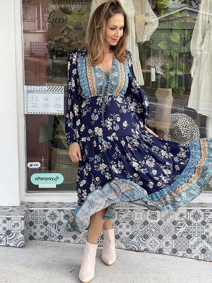 Navy floral maxi dress with sleeves 2025