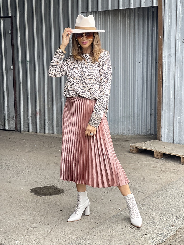 Pink Pleated Metallic Pleated Skirt Street Style Metallic Pleated