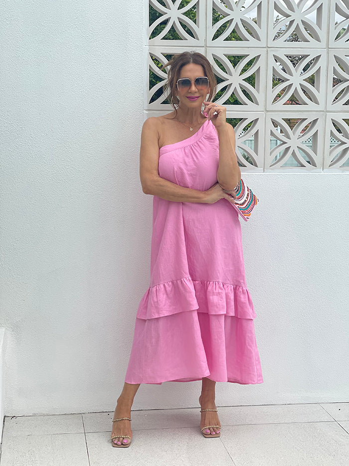 Frida One Shoulder Linen Dress - Pink Frida One Shoulder Linen Dress - Pink