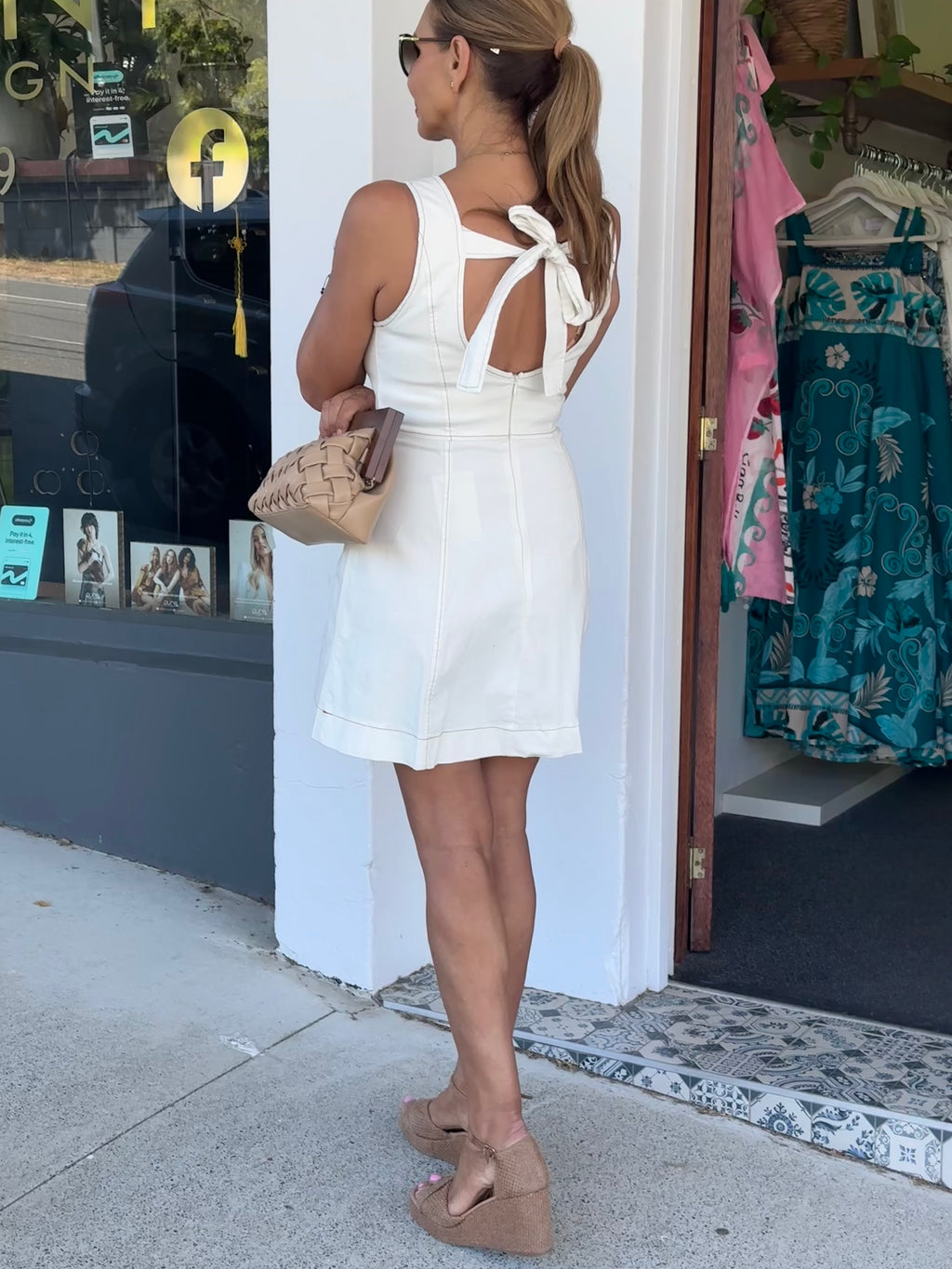 Cream Denim Mini Cut Out Back Dress
