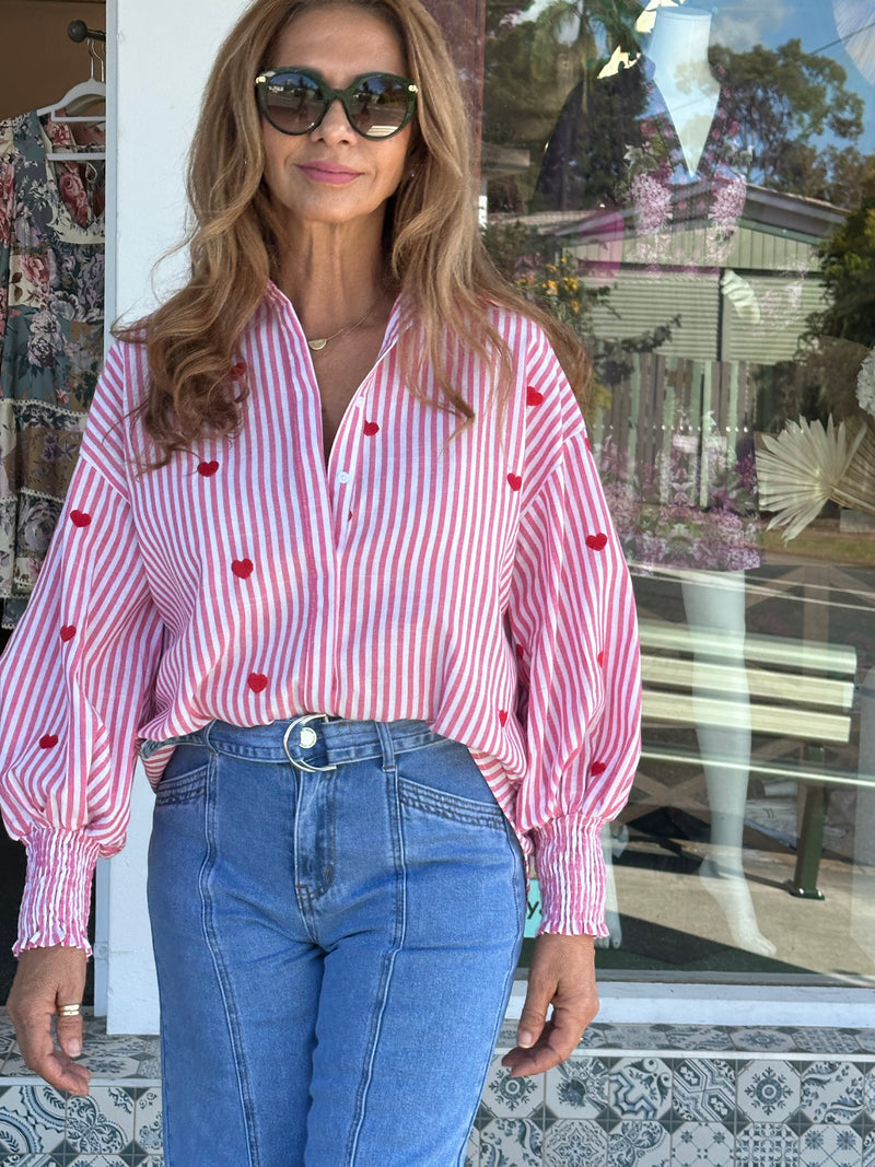 Heart Embroidered Pink Stripe Blouse