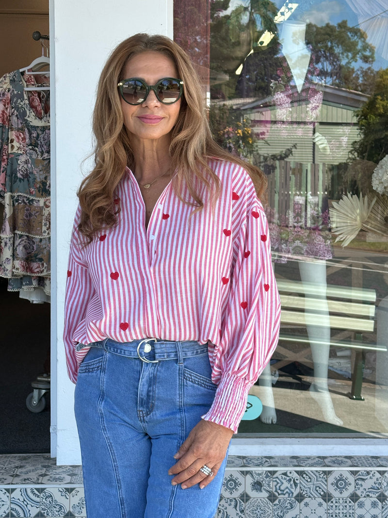Heart Embroidered Pink Stripe Blouse