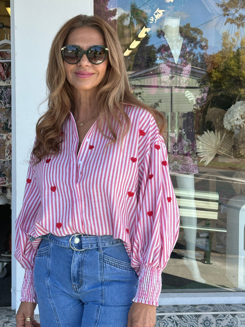Heart Embroidered Pink Stripe Blouse