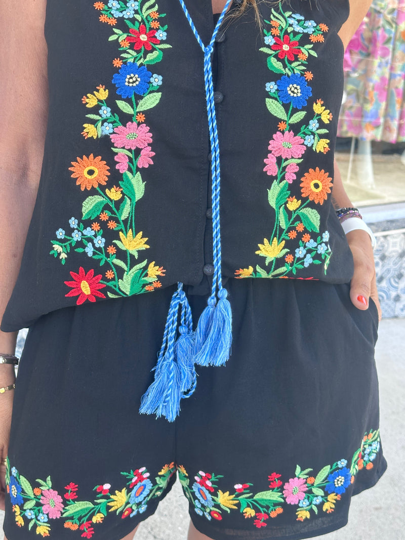 Seville Embroidered Sleeveless Top - Black