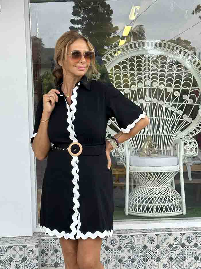 Black Button Front Ric Rac Dress