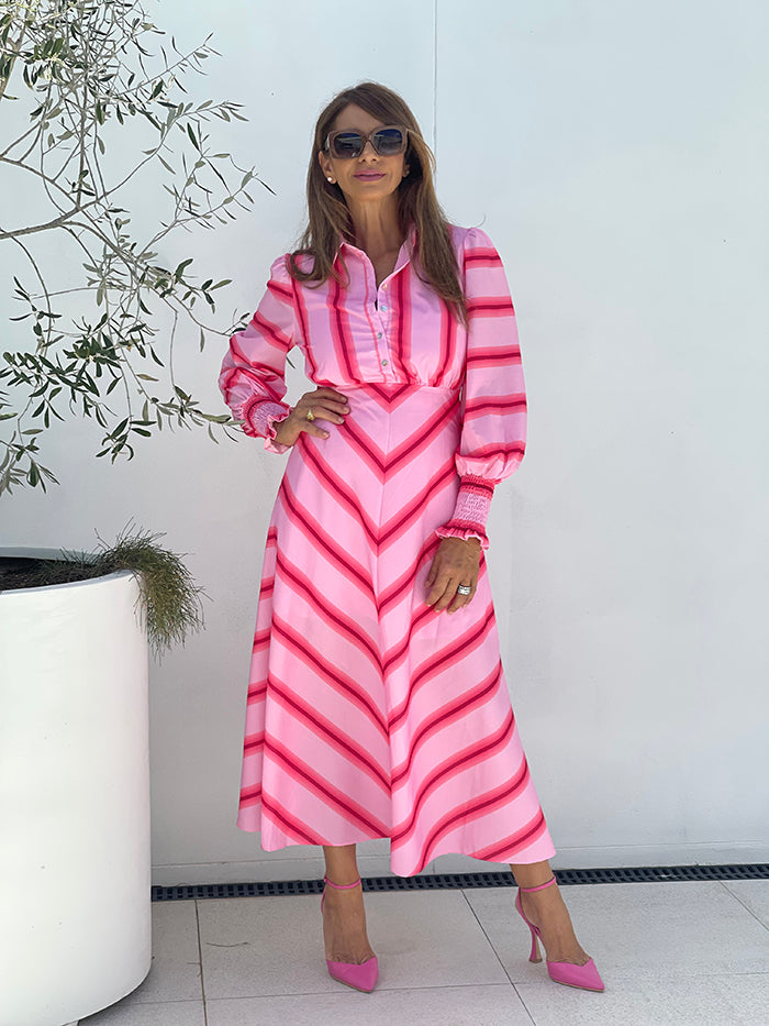 Lara Midi Dress - Pink Retro Stripe