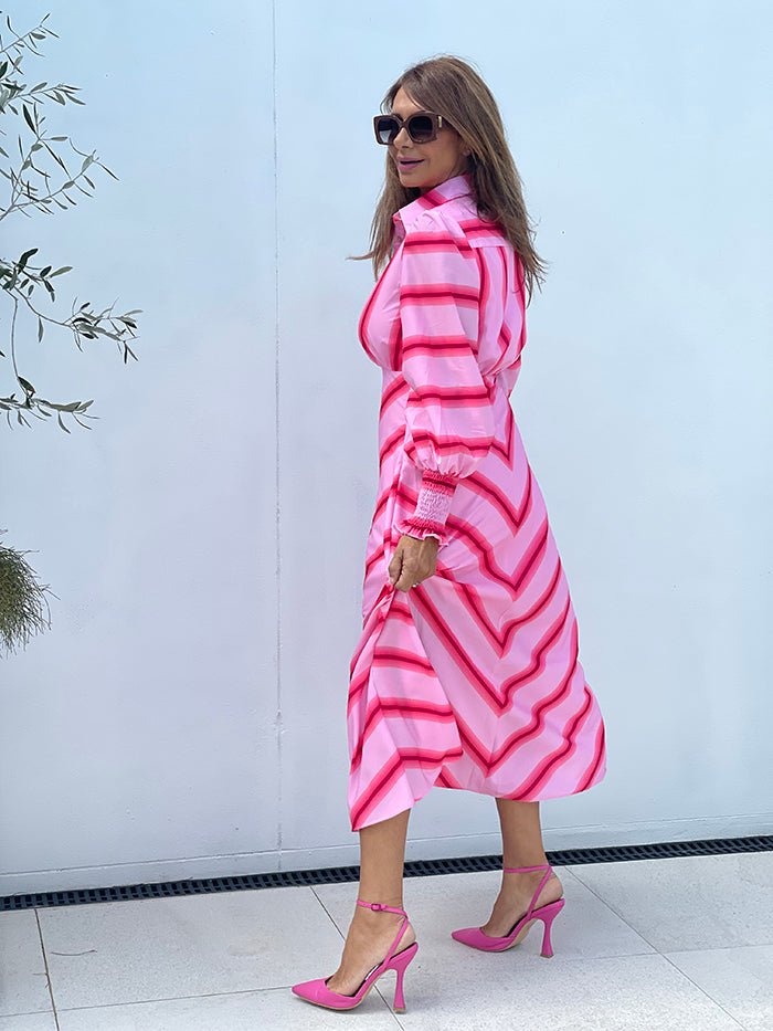 Lara Midi Dress - Pink Retro Stripe