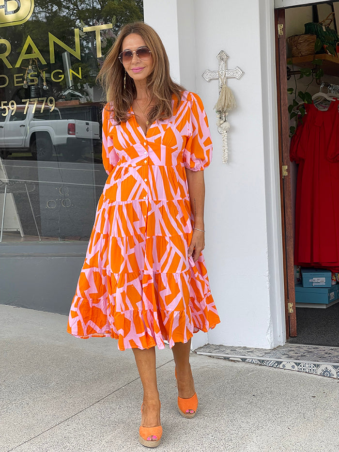 Cheerful Chic Midi Dress - Pink and Orange