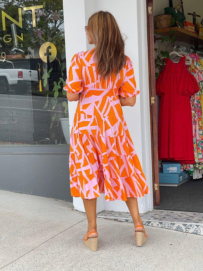 Cheerful Chic Midi Dress - Pink and Orange