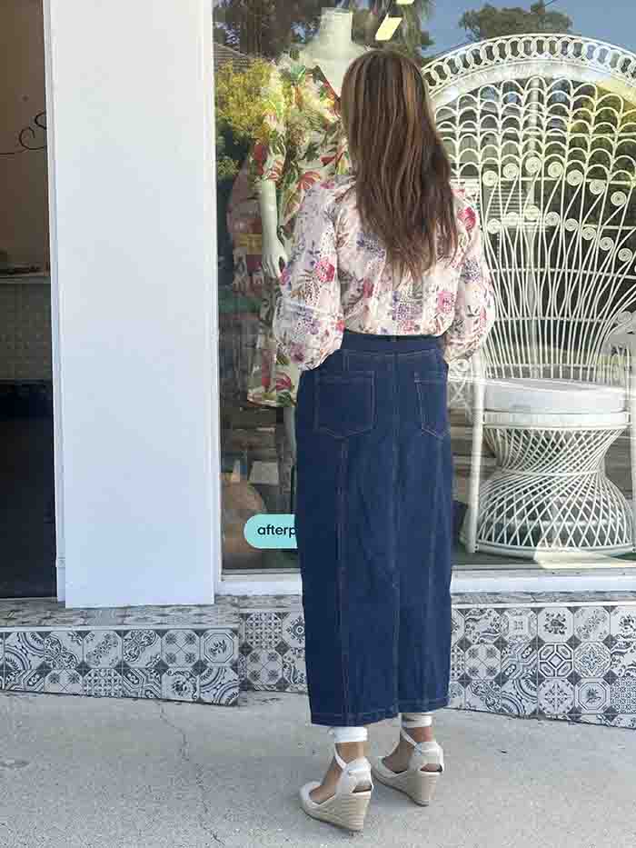 Indigo Denim Midi Skirt