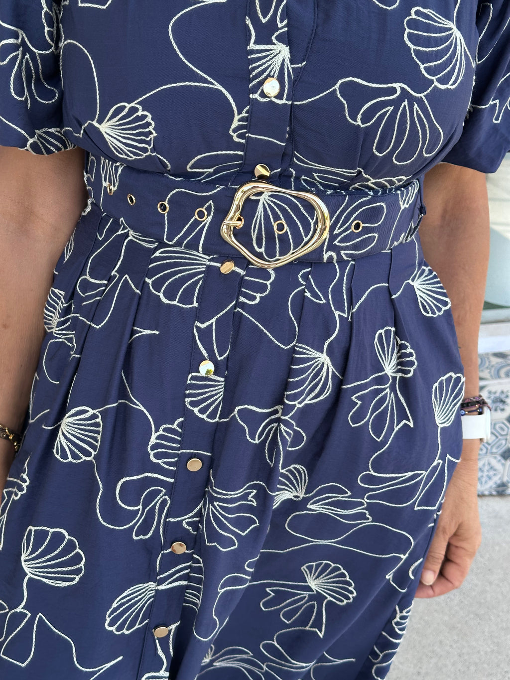 Seaside Embroidered Midi Dress - Navy