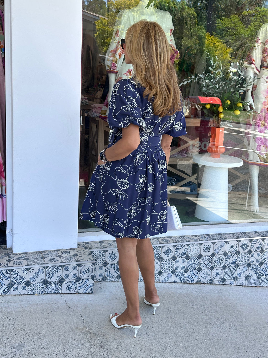 Seaside Embroidered Short Dress - Navy