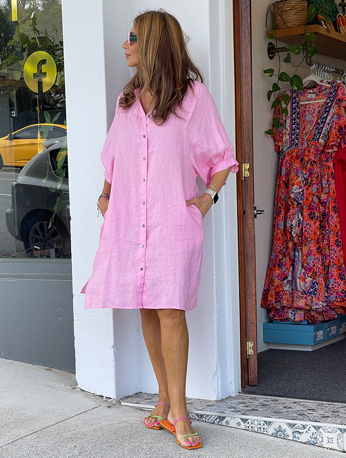 Annaya Linen Dress - Fairyfloss Pink