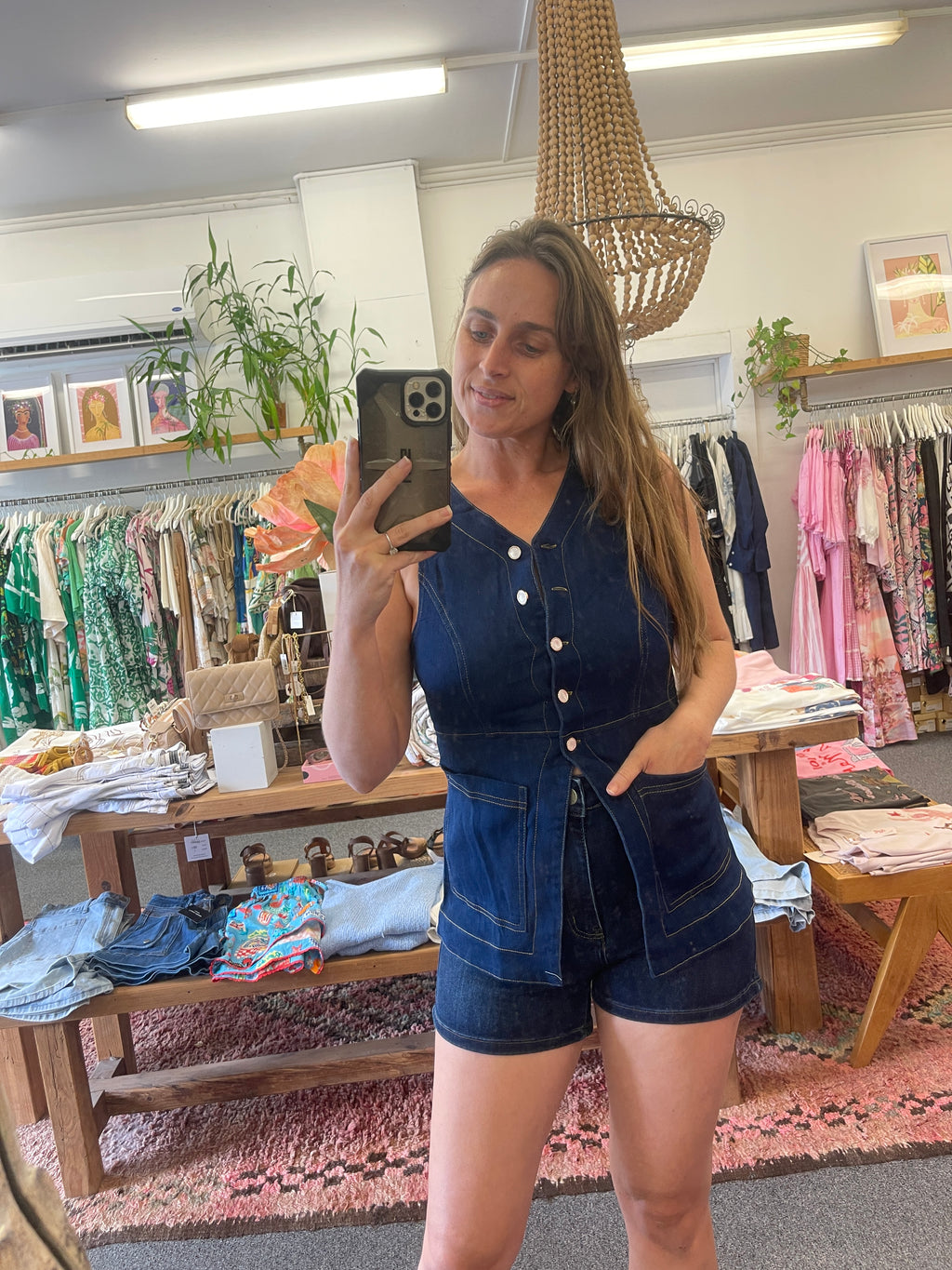 Dark Denim Vest Pocket Top