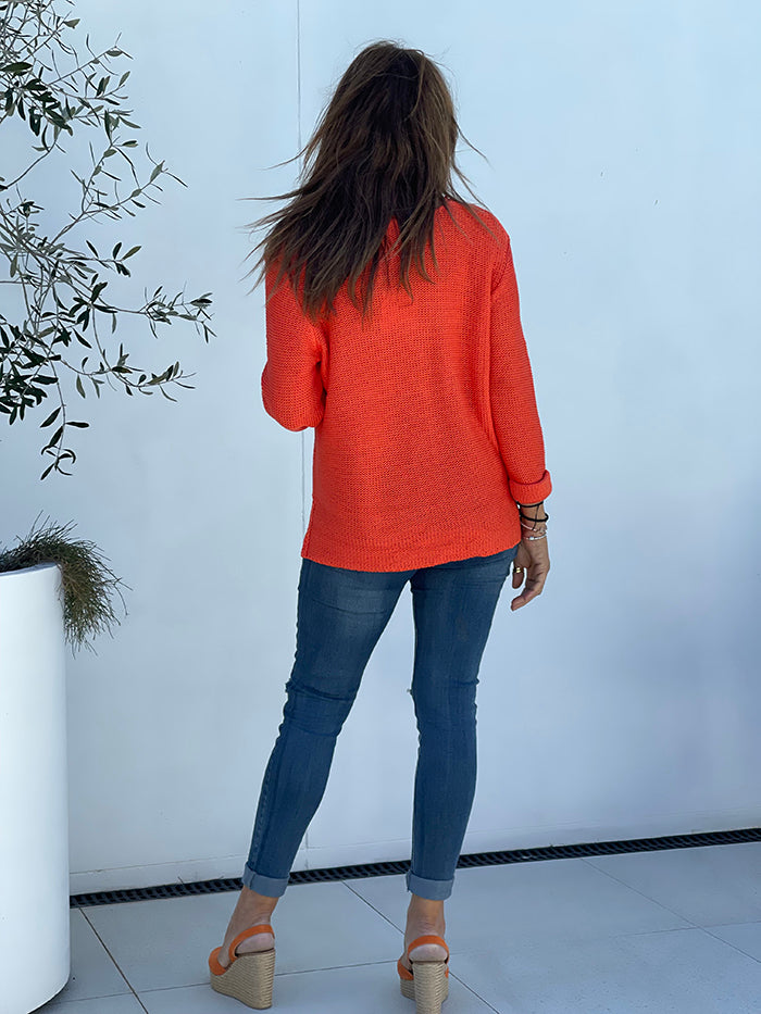 Roll Up Sleeve Knit Top - Orange