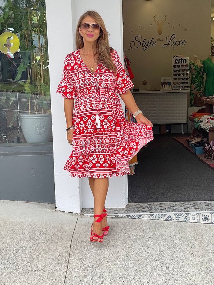 Red Ikat Print Dress