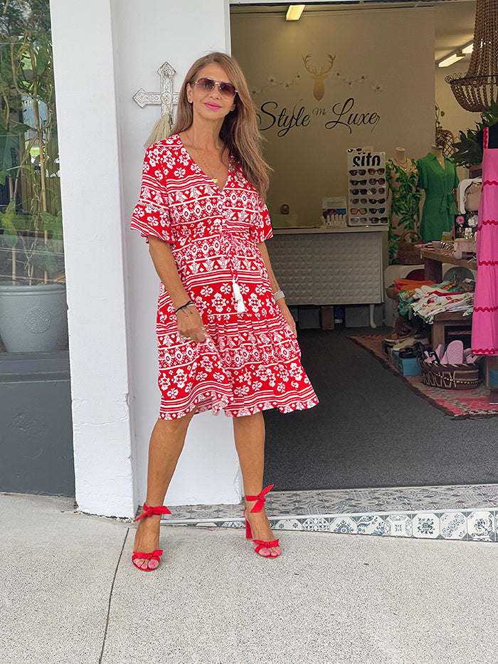 Red Ikat Print Dress