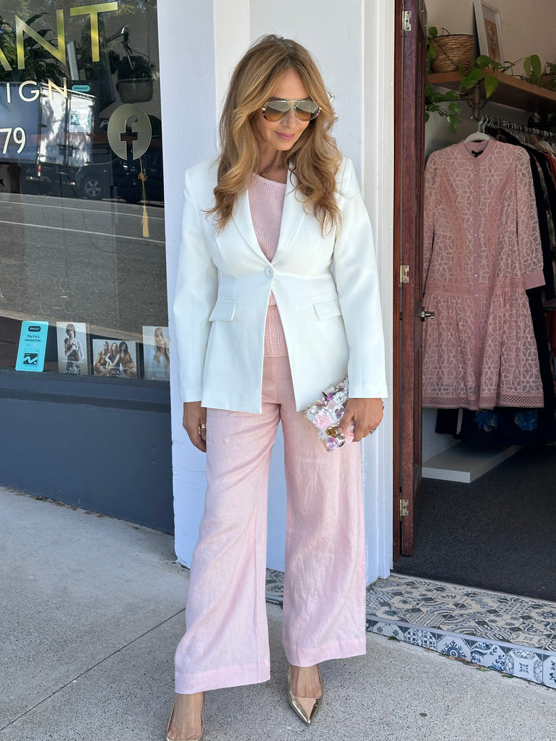 White Cinched Waist Blazer