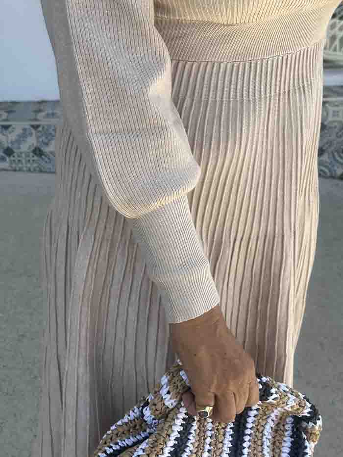 Beige Pleat Knit Dress