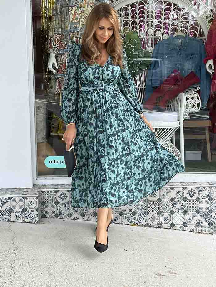 Celeste Midi Dress - Teal Leopard