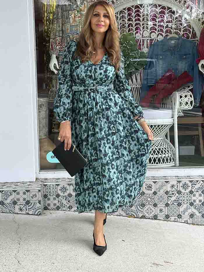 Celeste Midi Dress - Teal Leopard