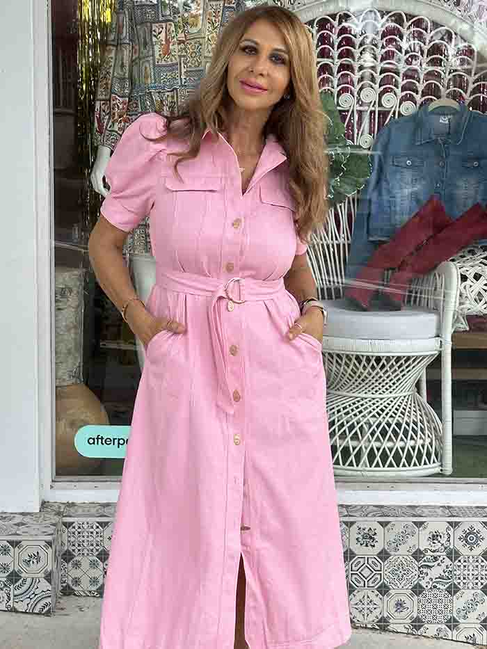 Lara Pink Denim Button Front Dress