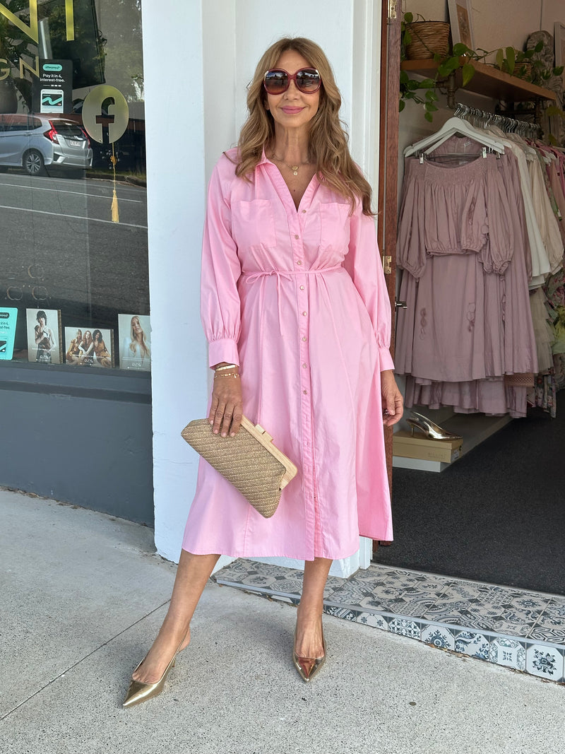 Candy Pink Midi Shirt Dress
