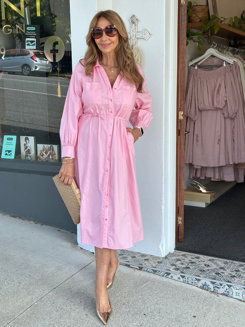 Candy Pink Midi Shirt Dress