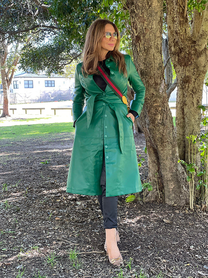 Faux Leather Trench - Green