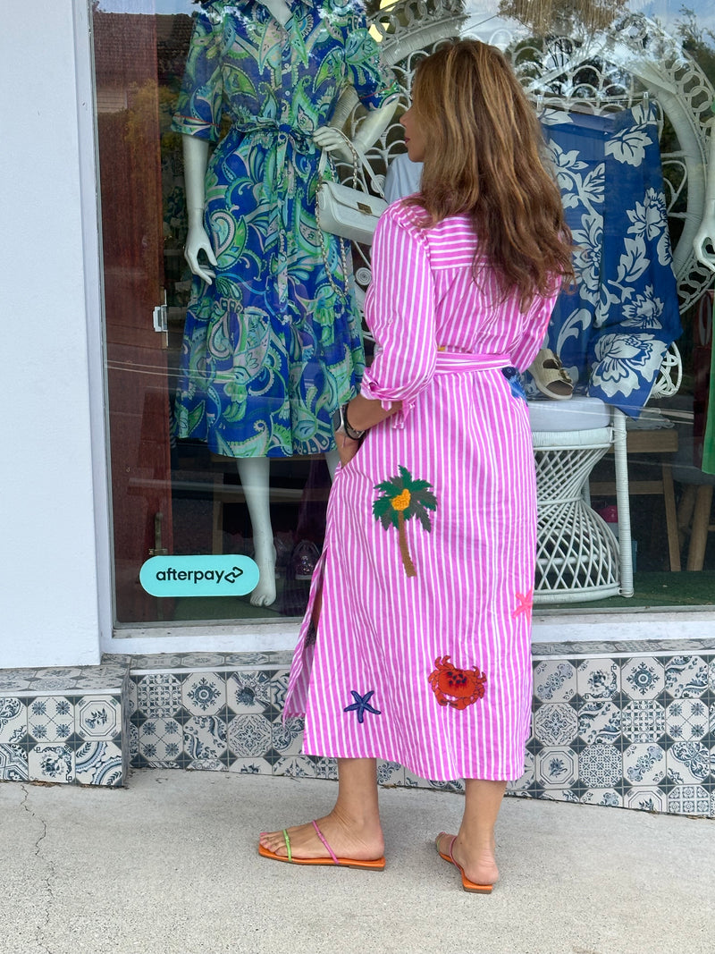 Maldives Embroidered Dress - Pink Stripe
