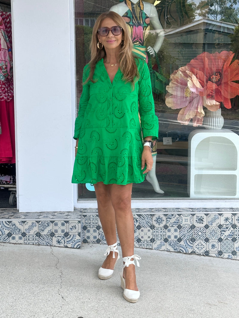 Eyelet Embroidered Mini Dress - Green