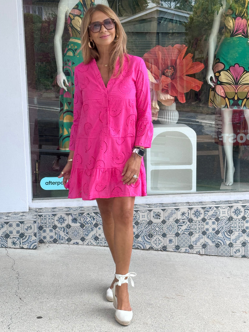 Eyelet Embroidered Mini Dress - Pink