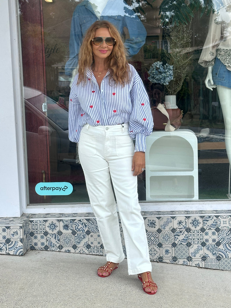 Heart Embroidered Stripe Blouse