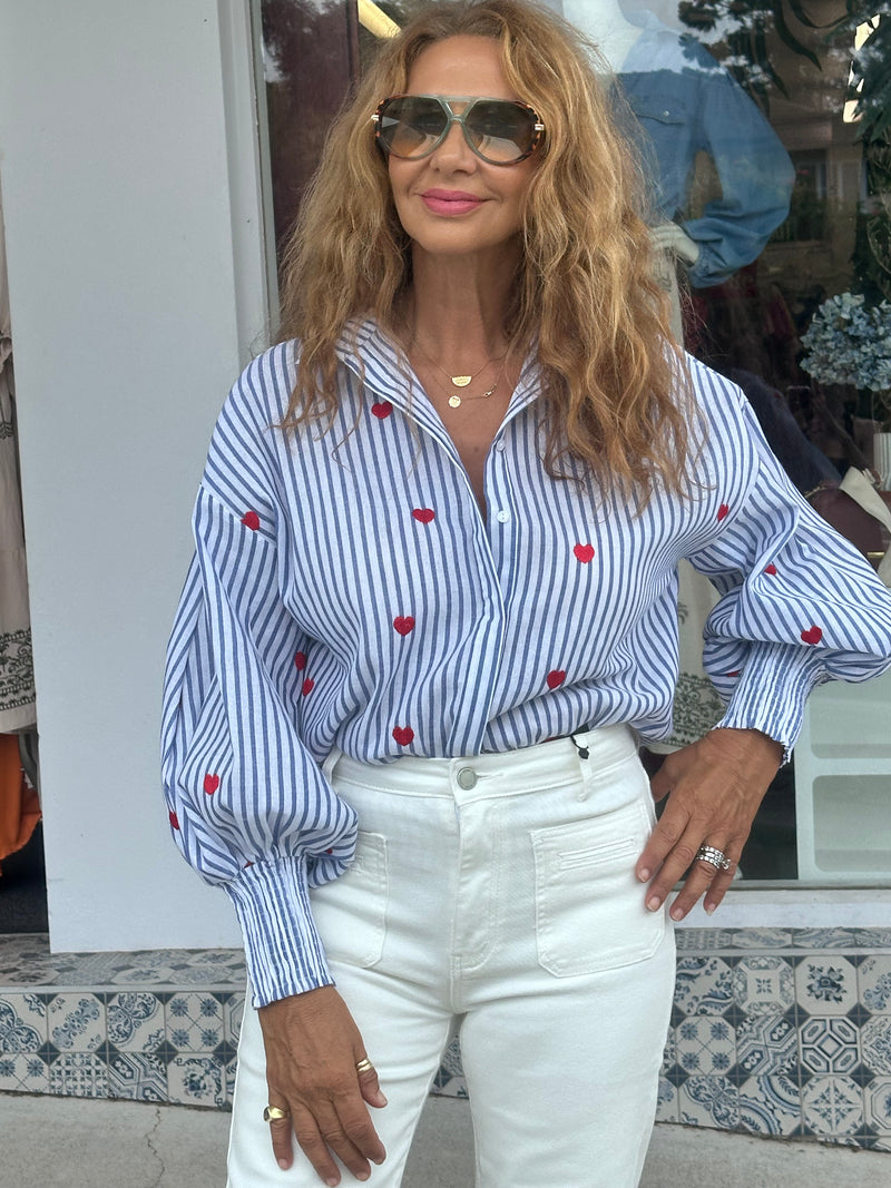 Heart Embroidered Stripe Blouse