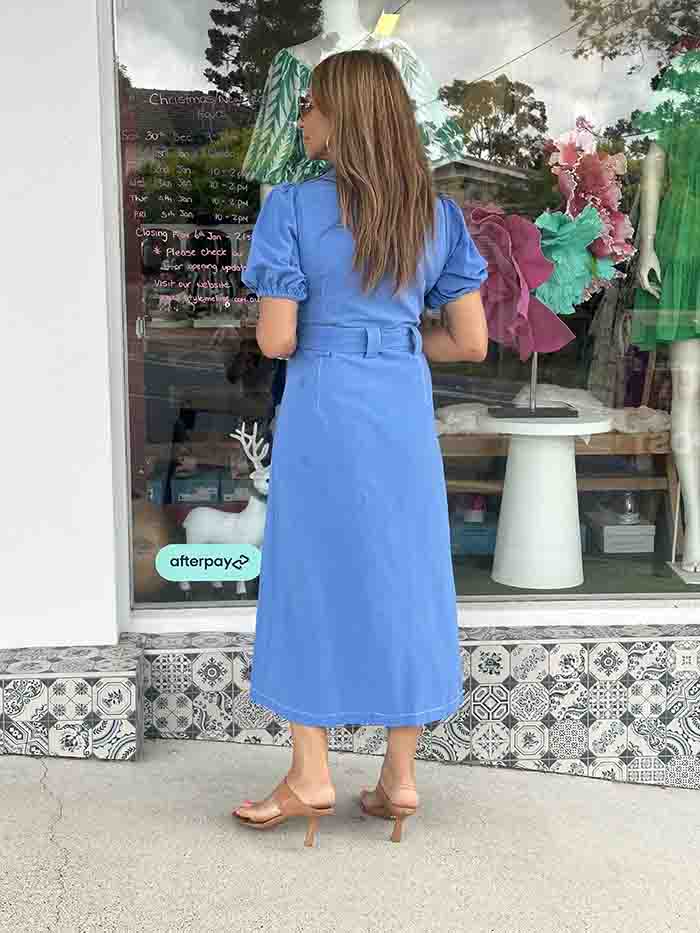 Azure Blue Button Front Midi Dress