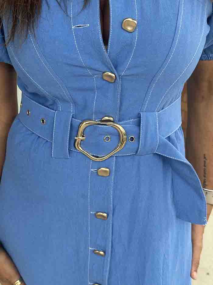 Azure Blue Button Front Midi Dress