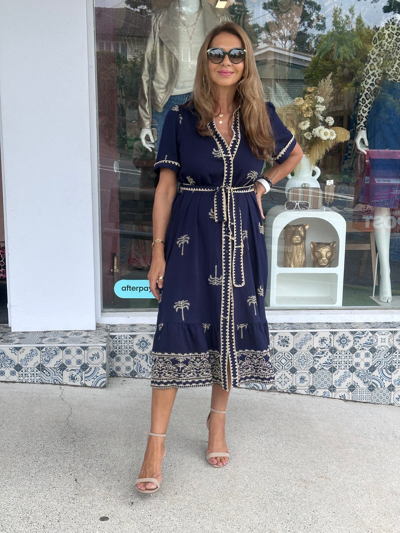 Navy Palm Embroidered Dress