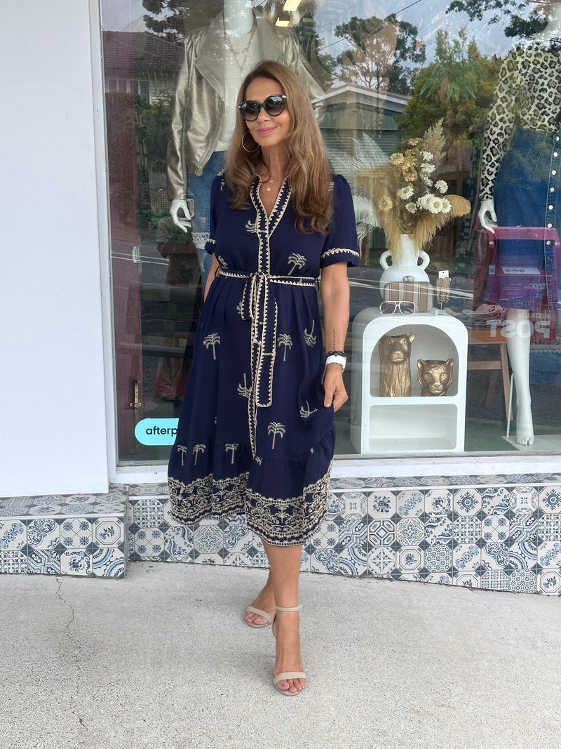 Navy Palm Embroidered Dress
