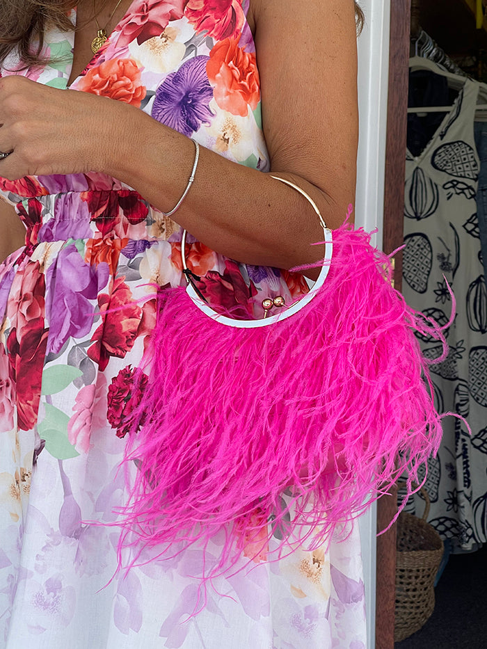 Penny Feathered Frame Bag - Fuchsia